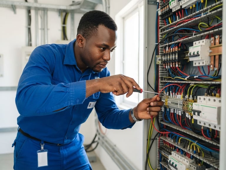 Close-up of a professional technician in a clean blue uniform repairing an electrical panel, bright natural indoor light, sharp focus, Malabo context.