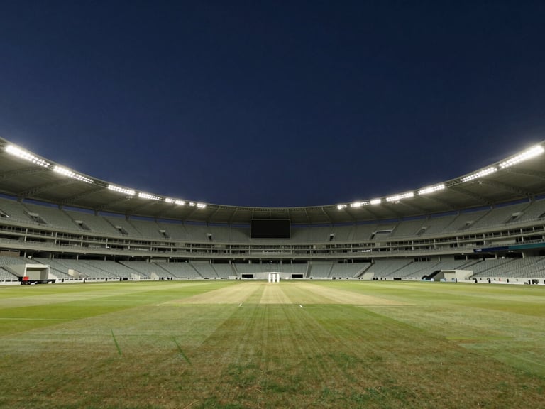 Wide angle environmental shot of a large floodlit cricket stadium at dusk, structural details, clean architectural lighting, deep navy tones