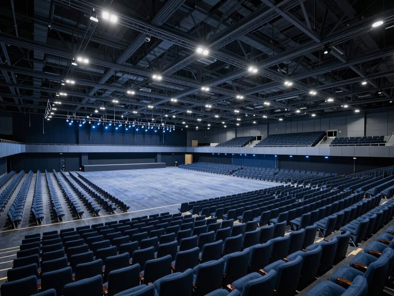 Wide shot of an empty, expansive international convention center hall, structured seating, professional stage lighting, deep slate tones