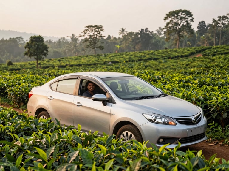 A professional local driver smiling warmly beside a well-maintained silver sedan in a lush Assam tea garden, soft golden hour lighting, environmental 35mm travel photography.