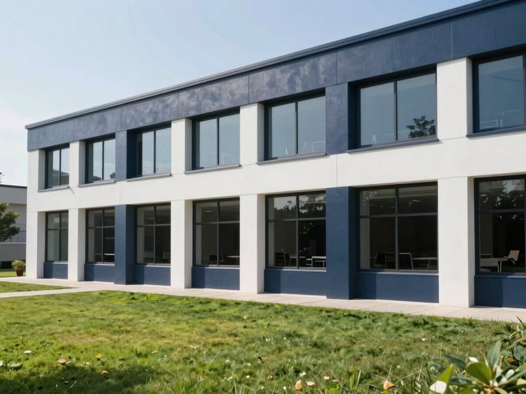 Clean, modern commercial building exterior with well-maintained grounds, showing attention to detail in a professional setting, bright natural morning light, deep navy and crisp white tones, sharp focus, 35mm
