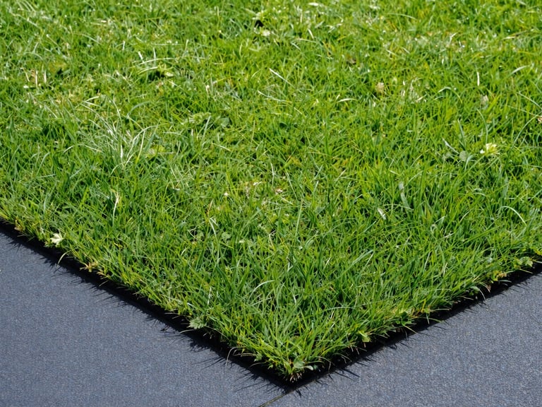 Close-up of a perfectly manicured green lawn with sharp edges against a paved walkway, bright natural morning light, rich forest green tones, sharp focus, 35mm