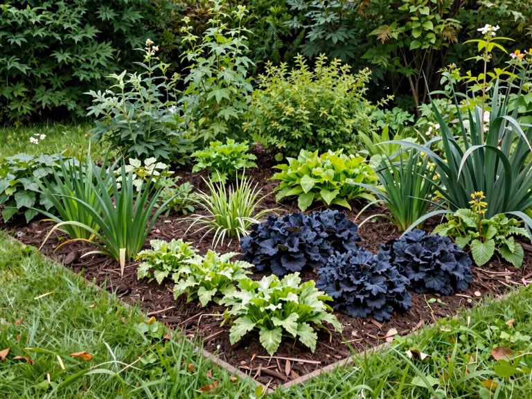 Wide shot of a newly installed, vibrant garden bed with diverse plants and mulch, crisp edges, bright natural morning light, rich forest green tones, sharp focus, 35mm