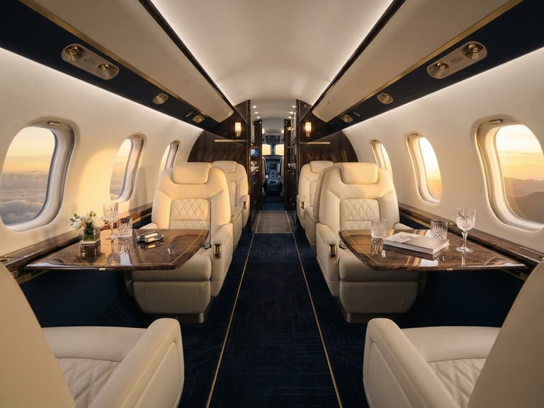 Symmetrical wide-angle shot of a luxury private jet cabin interior, warm golden hour light pouring through windows, plush cream leather seats, polished wood tables, high-end editorial travel photography