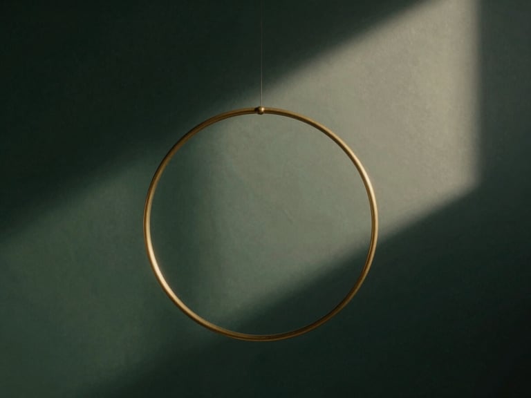 Abstract geometric representation of mathematical balance, intersecting brass rings, soft diffused light, deep rich shadows, 35mm
