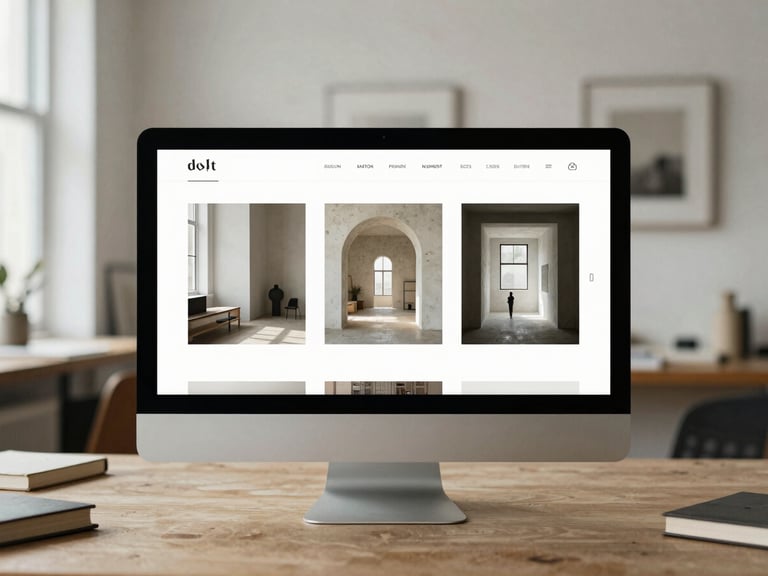 A sleek minimalist website layout shown on a desktop screen in a quiet, sunlit architectural studio, soft shadows.