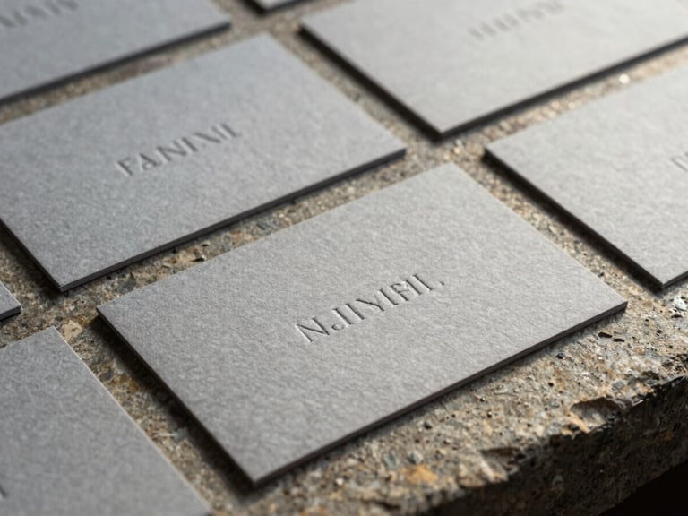 A collection of warm grey business cards with blind-debossed typography resting on a rough stone surface, soft side lighting.