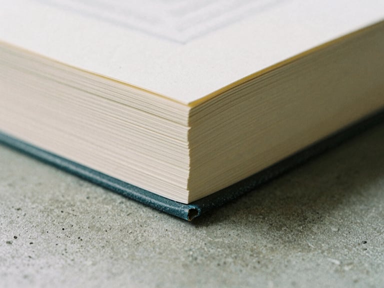 Macro photograph of a heavy art book spine with exposed binding, resting on a textured concrete surface, soft natural light.