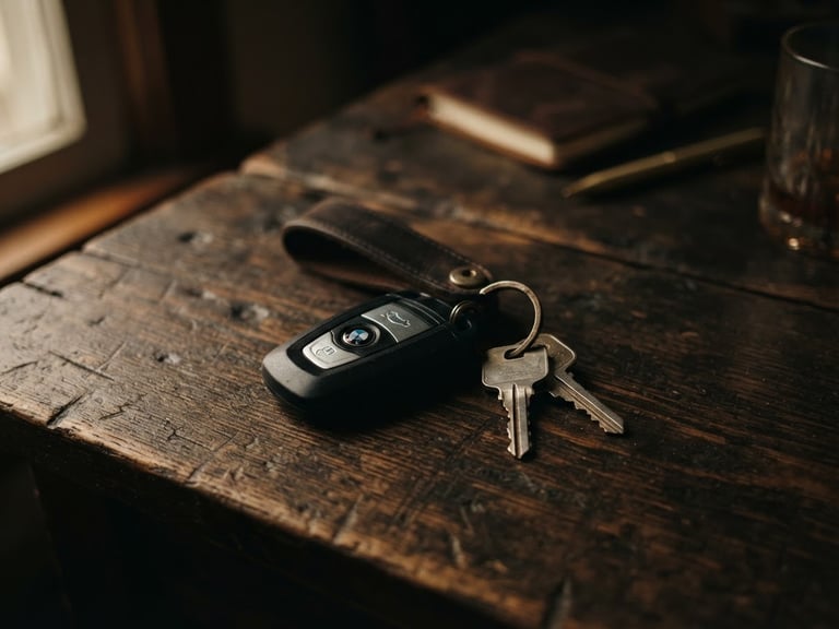 Moody editorial photography of car keys resting on a dark rustic wooden desk, warm low-key side-lighting casting soft shadows, shallow depth of field, 35mm
