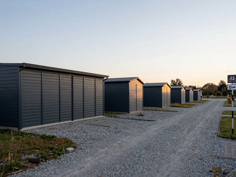 Wide environmental shot of an open yard with anthracite-painted storage units and a gravel access road, a regional cycling route signpost visible at the far right edge, soft late-afternoon light, no people