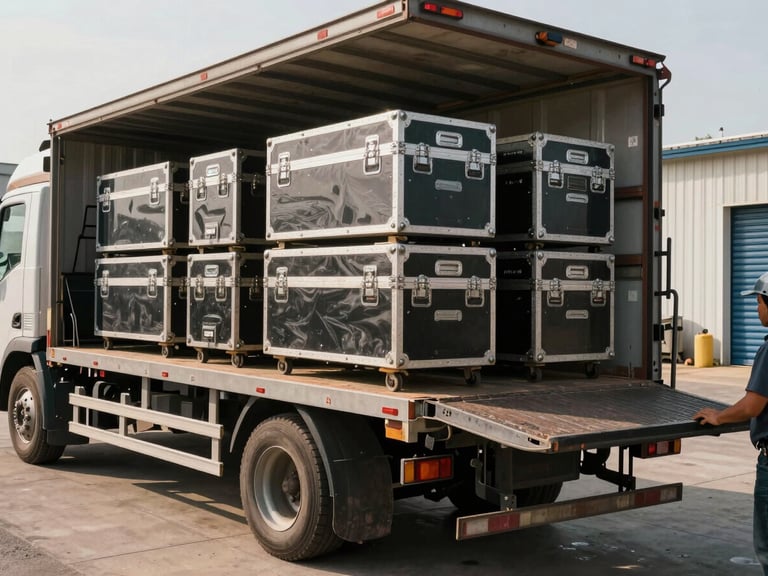 Wide shot of a flatbed truck being loaded with equipment crates at a rental yard, natural daylight, worker hands visible on the tailgate, storage units visible in the background to the right