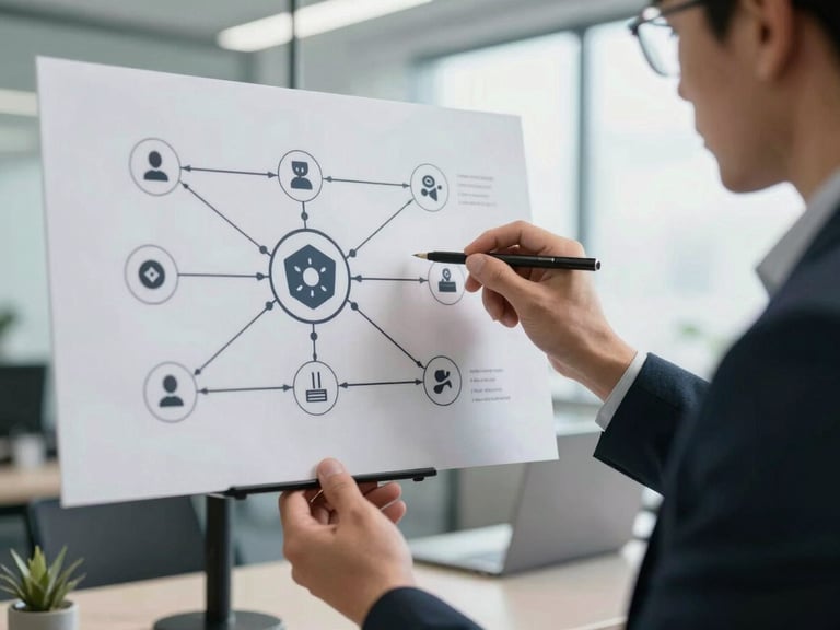 Close-up of a cybersecurity professional explaining a clear network diagram to a business manager in a bright office.
