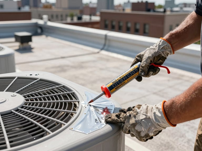Close-up angled shot of a roofing crew member applying flashing sealant around an HVAC unit on a flat New York City commercial roof, worn work gloves and caulk gun in sharp focus, rooftop surface and equipment visible, high-contrast midday light, no smiling or posed elements