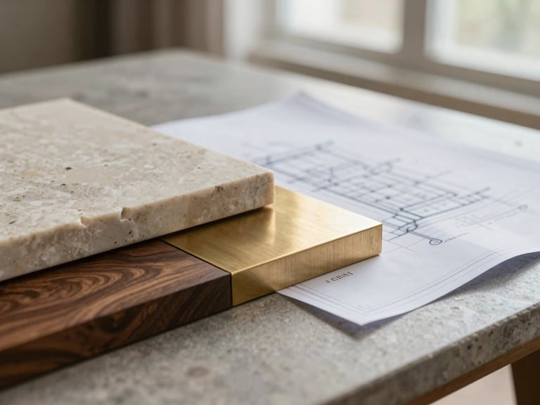Close-up of tactile materials including honed travertine, brushed brass, and dark walnut wood alongside an architectural blueprint on a stone table, soft natural window light.