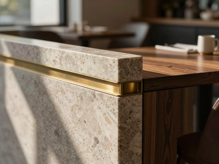 Close-up of tactile luxury materials in a modern restaurant interior, honed travertine stone, brushed brass accents, dark walnut wood, dramatic shadows, shallow depth of field, 35mm