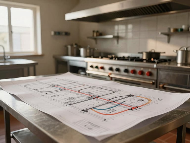 Architectural overhead view of a massive commercial kitchen blueprint, detailing gas lines and electrical conduits, warm natural side-lighting, technical precision, shallow depth of field, 35mm