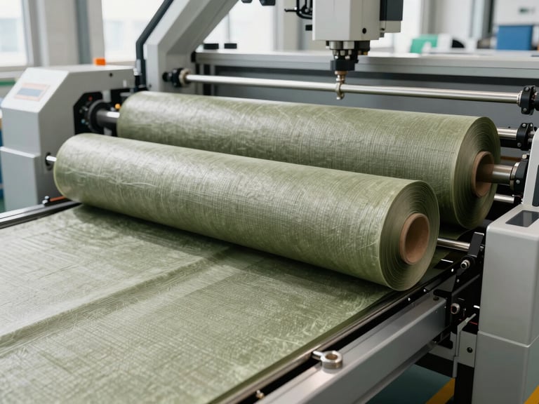 A clean modern manufacturing floor with automated machinery processing rolls of green non-woven fabric under bright daylight