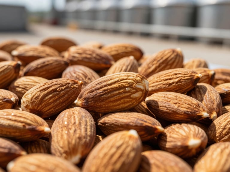 Macro shot of sorted premium almonds in clean industrial storage, bright natural daylight, sharp focus on textures