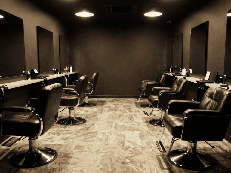 Wide shot of a clean, empty modern barbershop lounge, leather chairs, dramatic low-key lighting, deep shadows, warm golden tones, black and white filter, 35mm film.