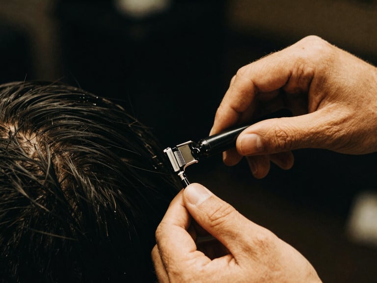 Close-up of a barber's hands performing a precise razor shave, warm golden light, sharp focus, 35mm film