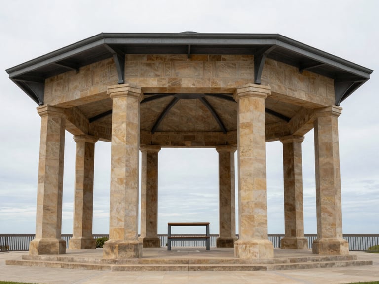 Symmetrical architectural photography of a civic pavilion made of warm limestone and steel, overcast sky, 35mm