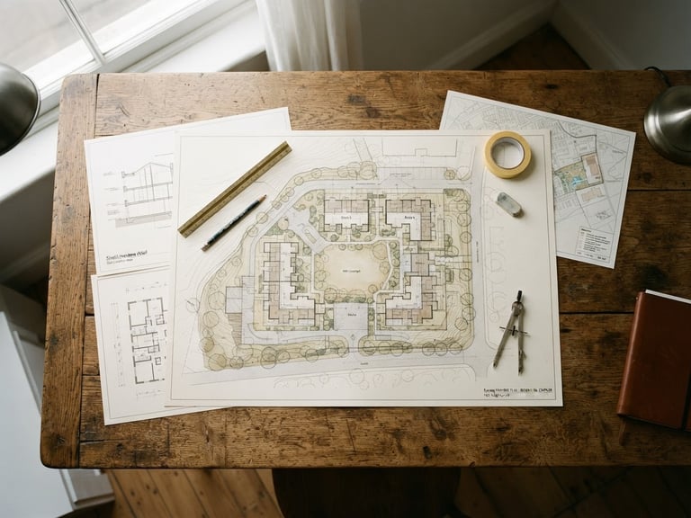 Architectural site plans overlaid on a heavy oak worktable, soft overcast daylight casting clean shadows, muted earth tones, 35mm
