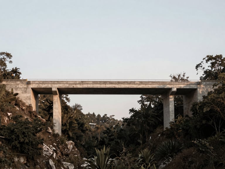 Architectural view of a concrete cantilevered structure over a wooded ravine, diffused late afternoon light, 35mm