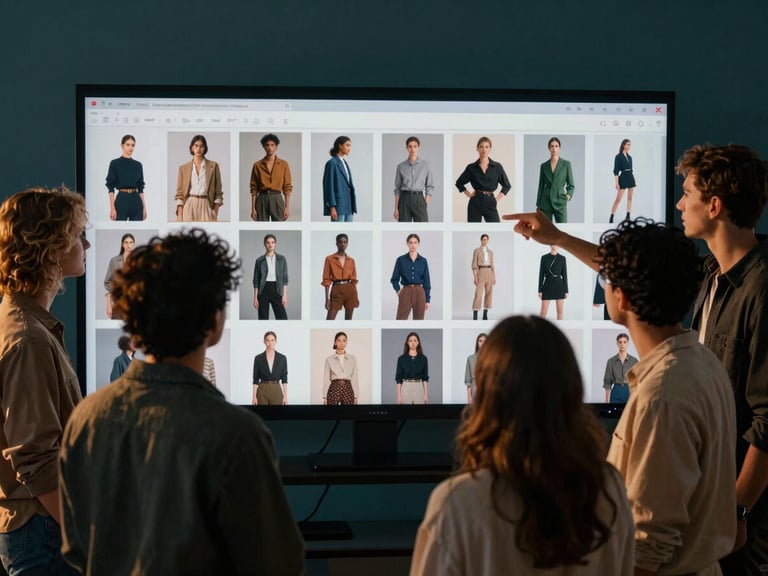 Cinematic wide 21:9 shot of a diverse creative team analyzing high-fashion media assets on a digital board, warm golden-hour highlights, deep teal shadows.