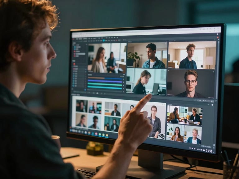 Cinematic close-up of a creative director reviewing editorial video frames on a high-end monitor, warm gold ambient light, deep teal shadows.