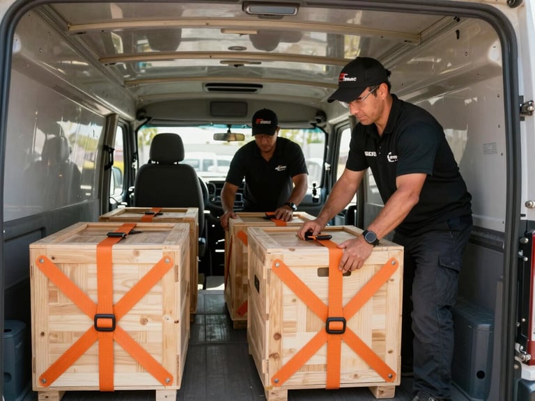 Wide environmental shot of a uniform-clad SpeedBox crew member methodically securing custom wooden crates inside a clean truck interior with heavy-duty orange tie-down straps, bright Southern California daylight filtering in.
