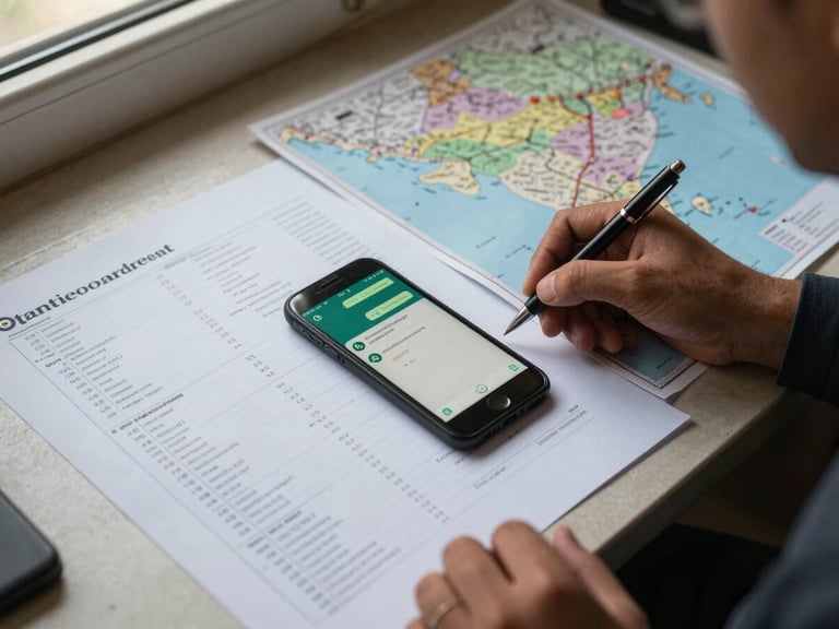 Overhead documentary shot of a travel coordinator's desk — printed itinerary sheets, a India road map, a mobile phone with a WhatsApp conversation visible, and a pen mid-sentence, warm window light from the left