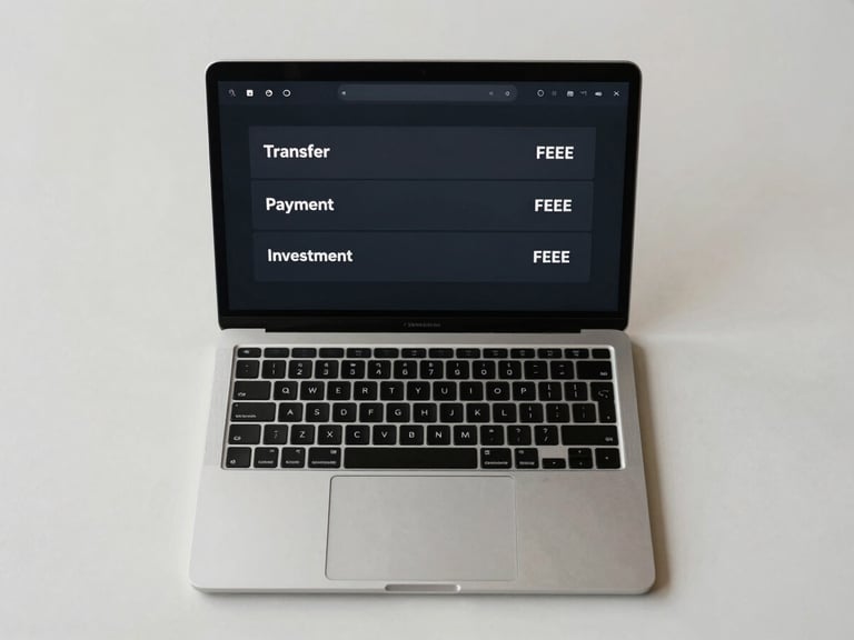 Overhead flat-lay of a laptop on a light desk, screen showing a minimal dark transaction dashboard with three rows — Transfer, Payment, Investment — each with an inline fee amount, studio-lit from above, no reflections, sharp UI text legible