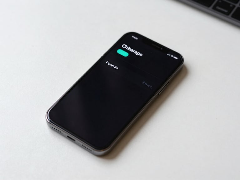 Overhead flat-lay of a smartphone on a near-white desk, screen lit showing a transaction clearance push notification with a teal status indicator, high-key studio lighting, tight crop, no hands, no background clutter