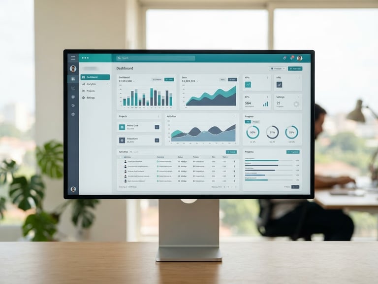 Straight-on clean mockup of a web application on a high-end monitor, bright natural office daylight in Abidjan, cool slate and teal accents, shallow depth of field.