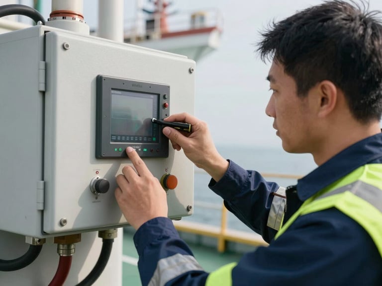Close-up of a marine engineer in high-vis gear adjusting a digital control panel on a ship ballast system, sharp daylight focus, technical precision.