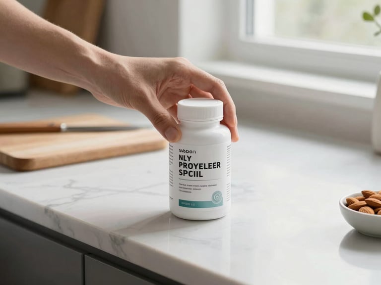 Close-up of a hand placing a clean supplement bottle on a white marble kitchen counter, natural north-facing window light, product label clearly visible, minimal background with a cutting board and a small bowl of almonds at the edge of frame