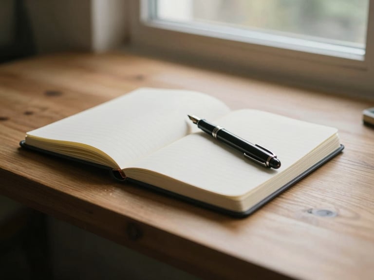 A warm editorial photography of a wooden desk with an open notebook, a fountain pen, and soft natural daylight streaming through a window, shallow depth of field, 35mm