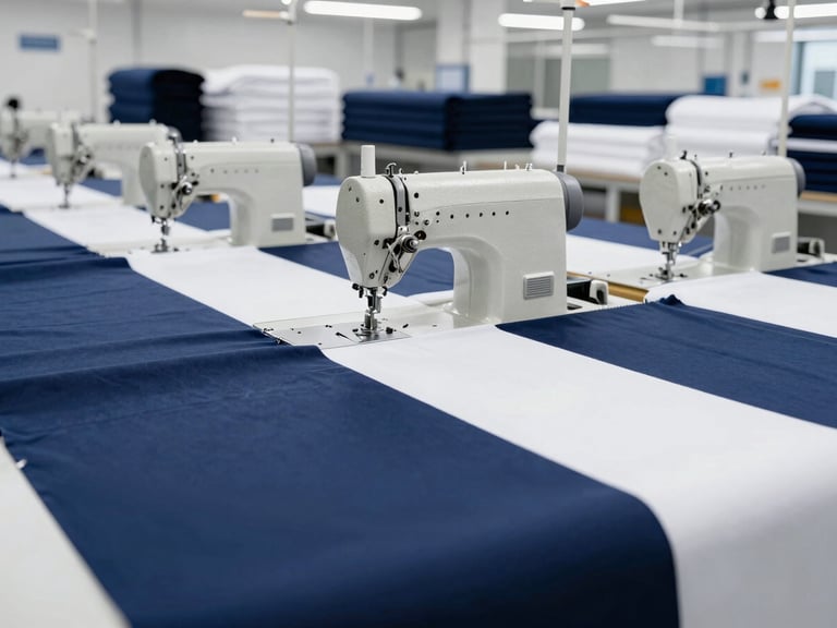 Wide shot of a modern textile factory floor, industrial sewing machines in motion, clean and brightly lit, with stacks of fabric in the background, 50mm lens.
