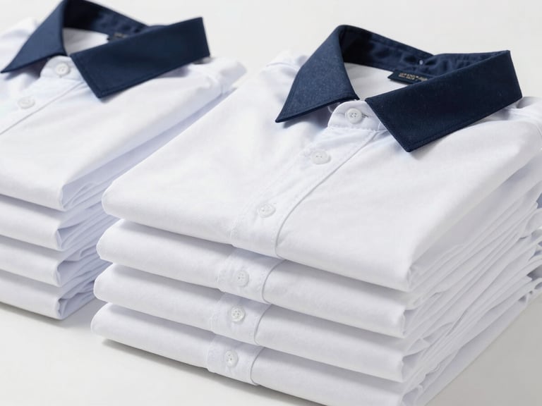 Neatly folded stack of crisp white school uniform shirts with navy collars, on a clean surface, bright professional lighting.