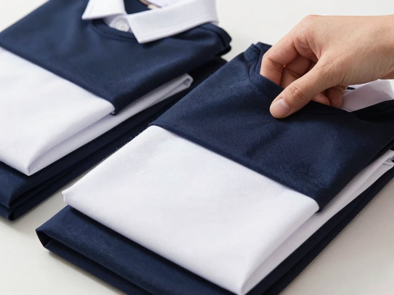 Close-up of neatly folded school uniform samples on a table, a hand reaching for one, clean studio lighting, sharp focus on fabric textures.