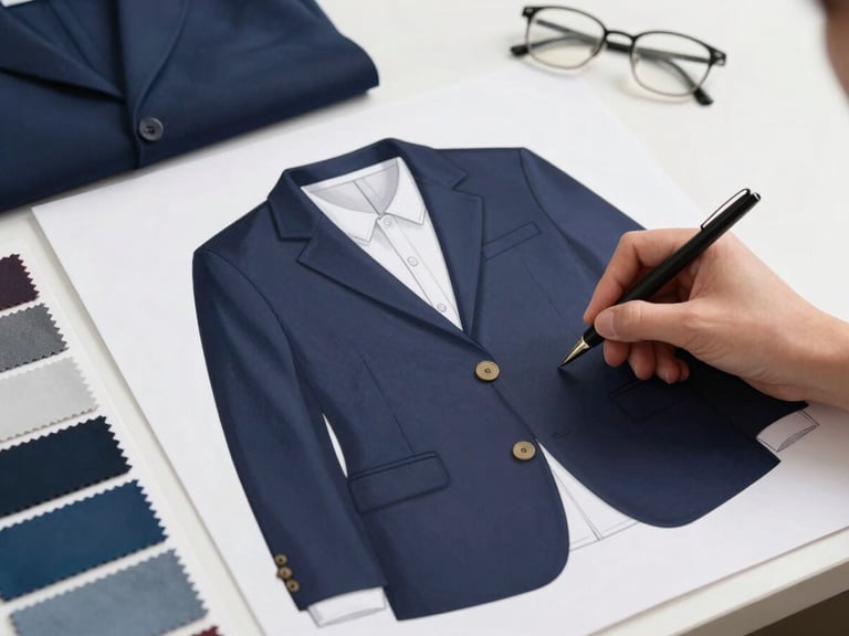 A designer's hand sketching a school uniform blazer on a clean desk, next to fabric swatches, bright studio lighting, 50mm lens, sharp focus.