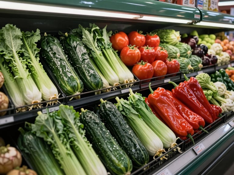 Overhead shot of a fresh produce section inside a Mexican neighborhood supermarket, vibrant green and red vegetables arranged in organized rows under fluorescent and natural light, dense product display showing practical abundance, shot from above at slight angle