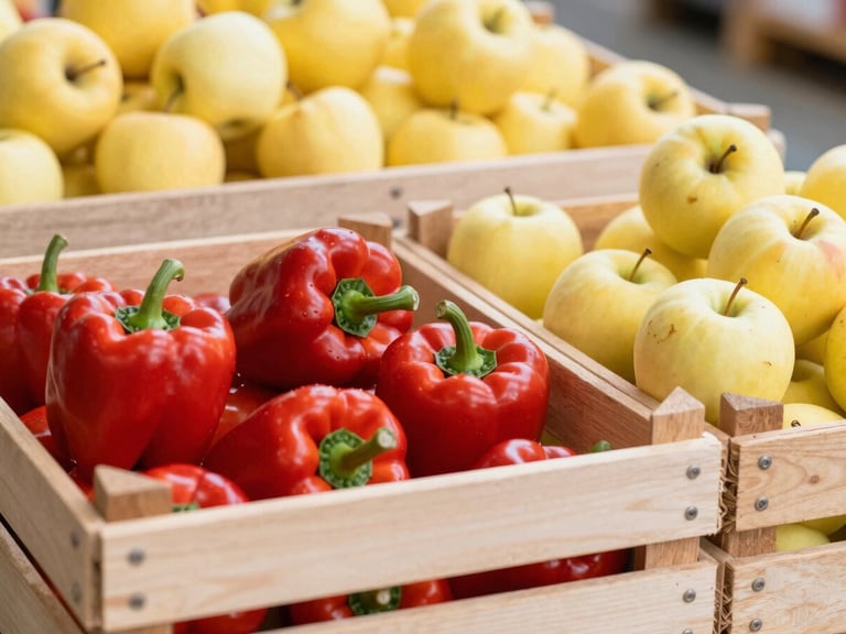 Close-up of rustic wooden crates filled with ripe red bell peppers and golden apples in the Faenza warehouse, soft natural side lighting, crisp details