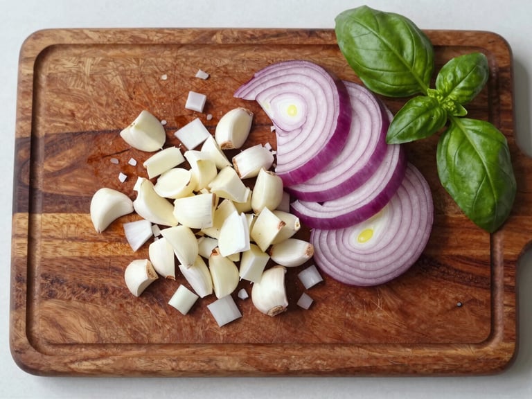 Dynamic overhead flatlay of chopped garlic, sliced red onions, and fresh basil on a dark wooden cutting board under bright natural kitchen light.