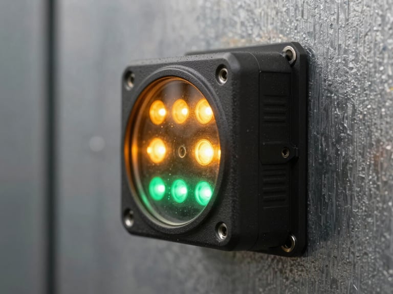 Macro shot of a ruggedized AeroChain sensor device mounted on a steel wall, glowing amber and green LED indicators, metallic texture, shallow depth of field