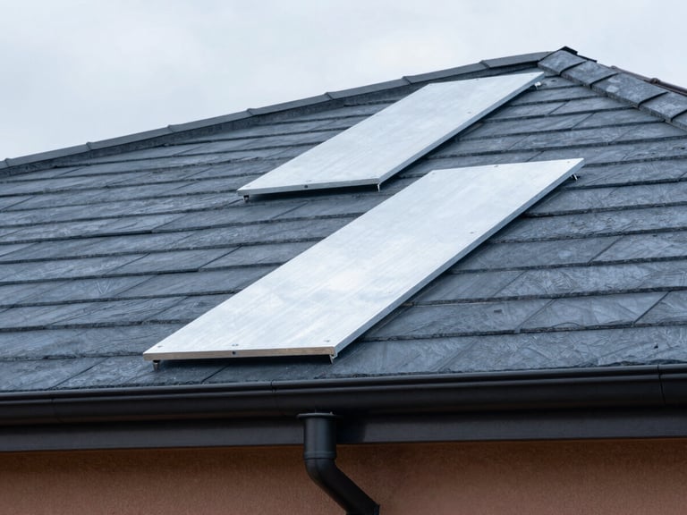 Close-up of clean, hand-shaped zinc panels and gutters on a modern residential roofline, soft daylight, industrial craftsmanship