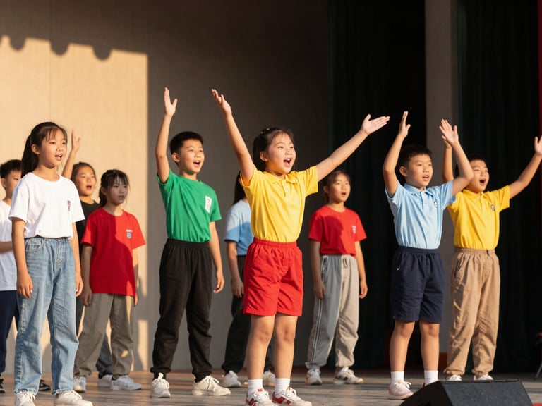 Dynamic shot of students performing on stage during a school play, warm stage lighting, expressive faces, rich vibrant tones, 35mm lens