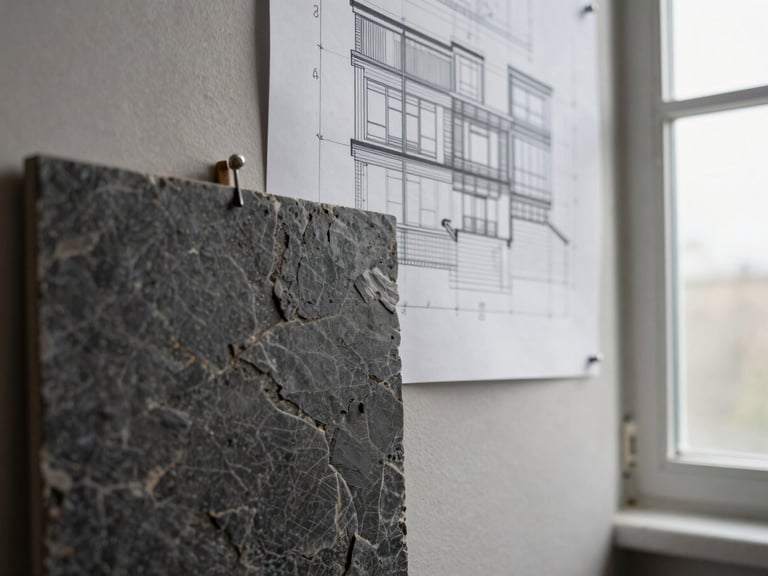Close-up detail study of architectural drawings pinned to a matte surface beside a material sample swatch — dark stone tile and a structural plan fragment, natural north-facing window light, no people, no clutter, surgical framing