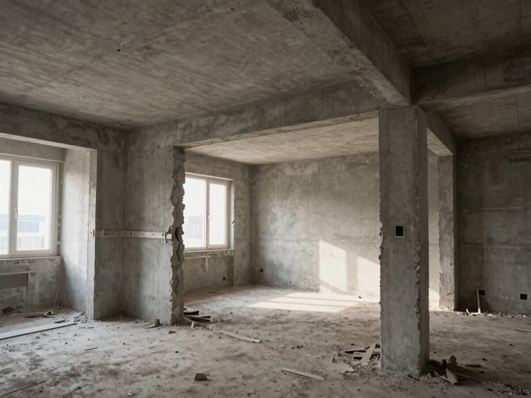 Extreme wide environmental shot of a gutted apartment room before renovation, bare concrete walls and exposed conduit, early morning natural light entering through an unfinished window opening, architectural documentary framing with low angle showing ceiling slab, no people, no construction workers