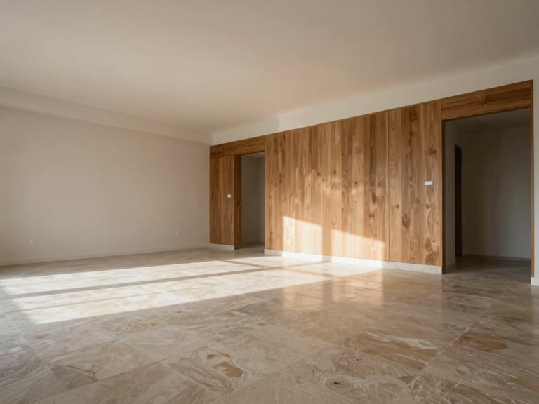 Wide environmental shot of the same apartment room after full renovation, empty post-completion, polished large-format stone flooring reflecting diffused north-facing daylight, flush joinery millwork on one wall, architectural framing from low angle emphasizing ceiling plane, no furniture or props, no people